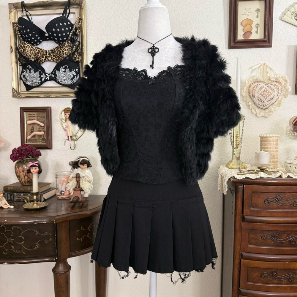 y2k coquette romantic goth girly grunge black rabbit fur cropped bolero cardigan - Picture 5 of 7